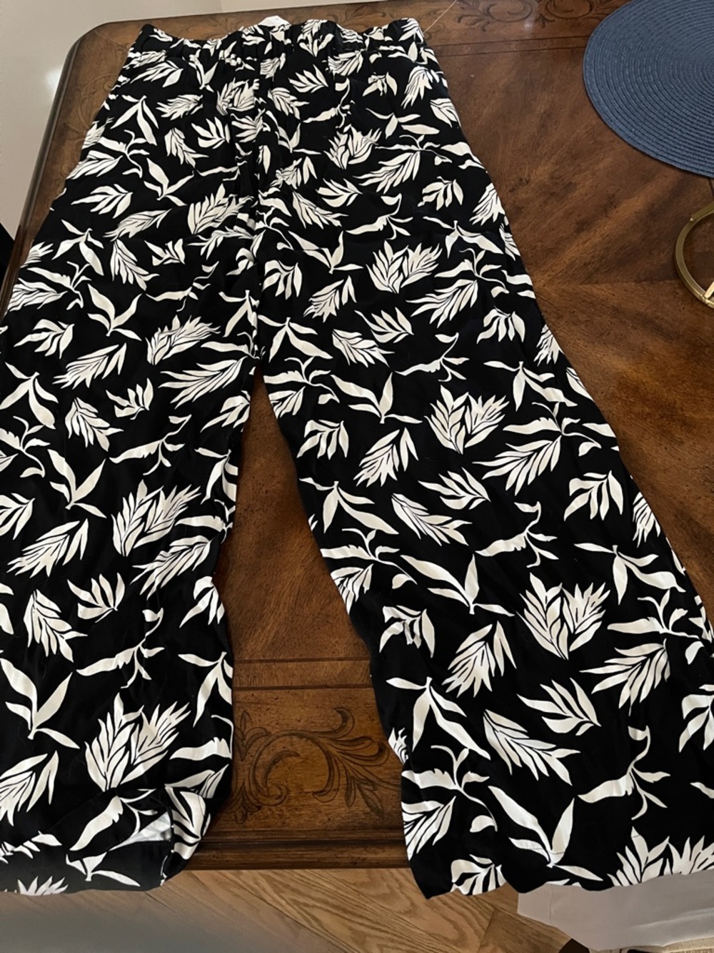 LOFT Black and White Tropical Print Wide-Leg Pants